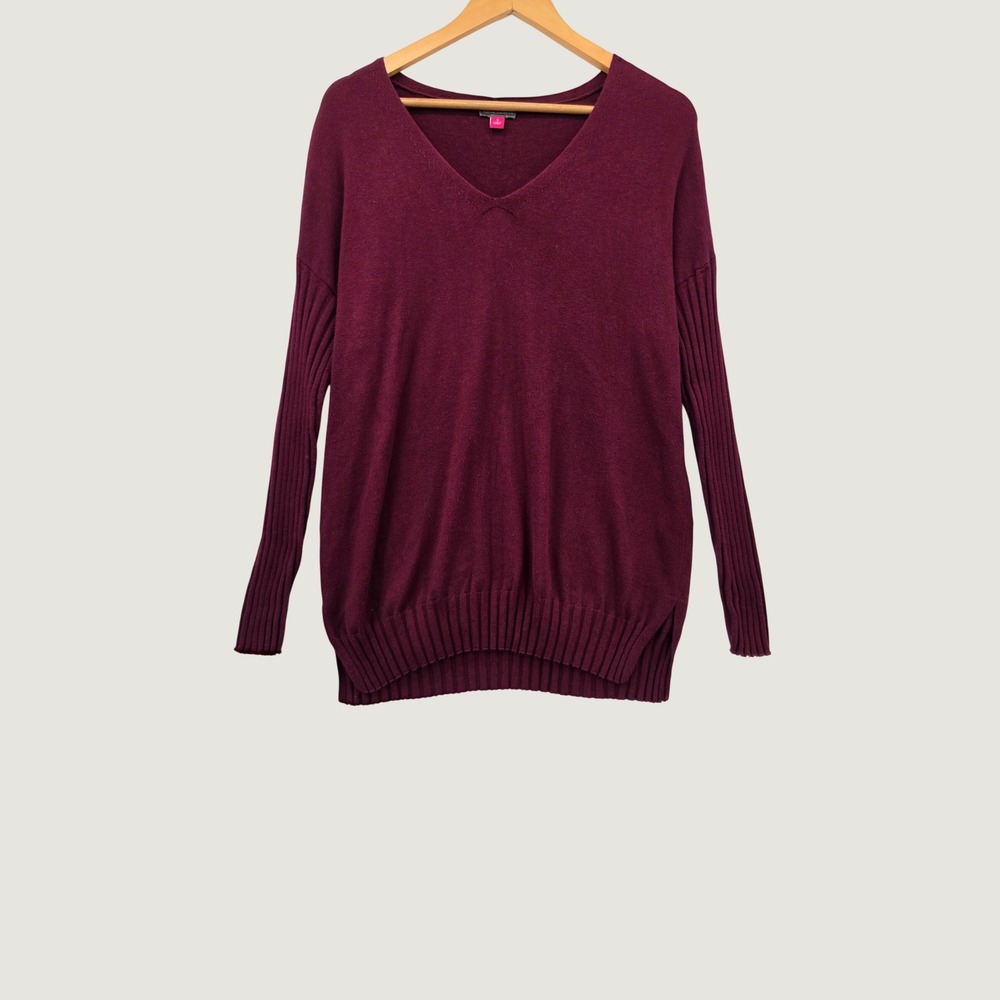 Vince Camuto Burgundy V-Neck Tunic Sweater Ribbed Sleeve Cotton Blend Small S